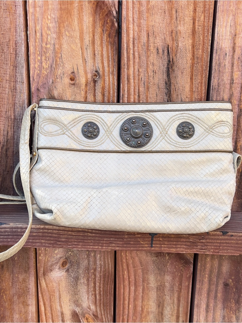 Vintage Sharif Cream Crossbody with Decorative Stud Medallions
